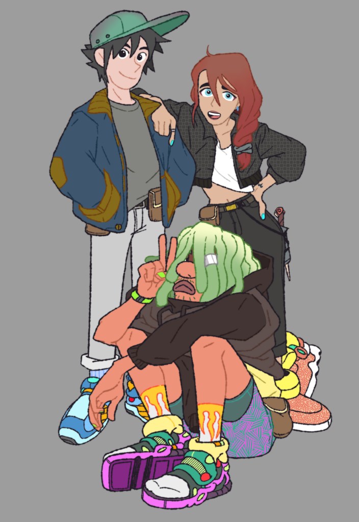  A picture of three stylish youngsters. A tanned person sitting in the front with green dreadlocks and matching painted nails. They have socks with flames and brightly patterned shorts. Behind them is a cool woman leaning casually on a man's shoulder. She is dressed in mostly black with a dagger on her side. She has blue nail polish, an aries tattoo on her wrist, and medium length red hair braided loosely to her side. The young man she leans on is wearing a green baseball cap, a loose blue and ochre jacket, and kahaki pants. All three of them are wearing SICK KICKS.