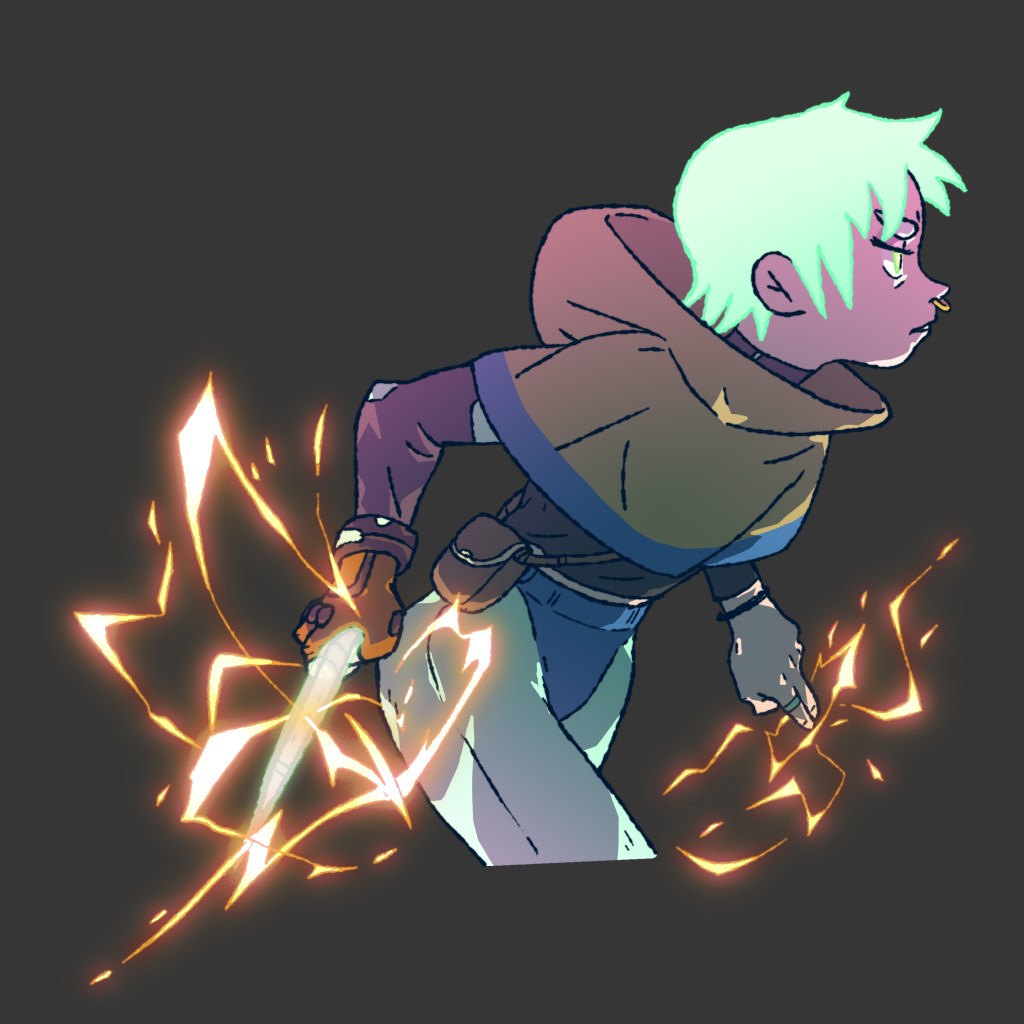A fantasy rogue-looking person with mint green hair and a brown hoodie crop top is brandishing a knife cooly. The knife is glowing and gold lightning is arcing off of it and the person's fingertips.